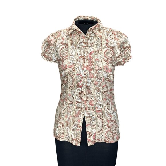 Tommy Hilfiger Paisley Blouse Short Sleeve Button-Up Shirt S Cotton - Picture 1 of 12